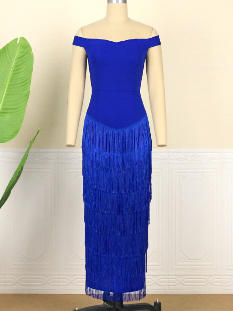 Femmes robes bleu glands frange Sexy fête épaule dénudée sans manches élégant moulante longue Cocktail tenues d'anniversaire célébrer nouveau