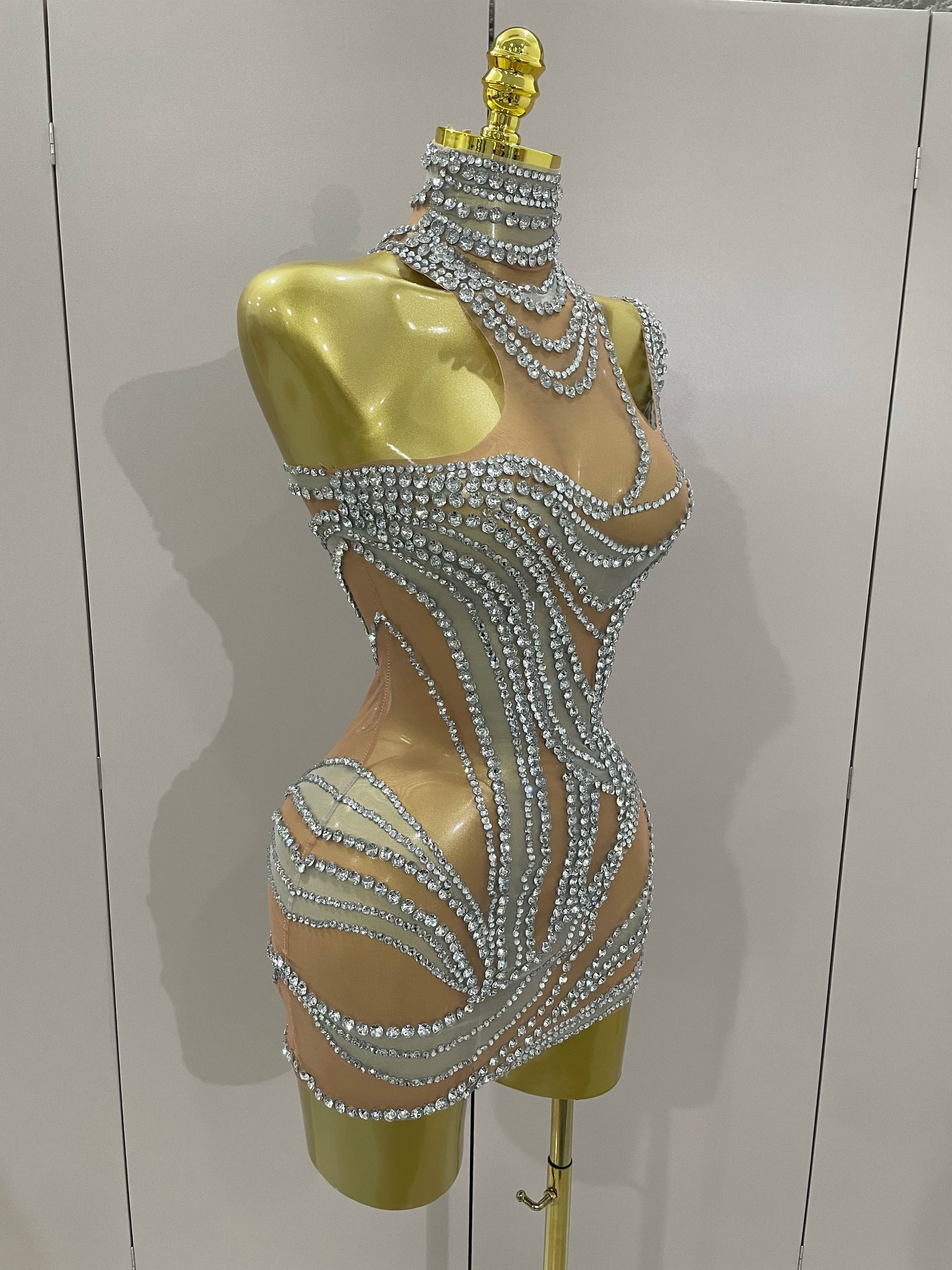 Luxury Sparkly Crystals See Through Mini Dress 2025Women Celebrate Birthday Party Gowns Singer Performance Stretch Stage Costume