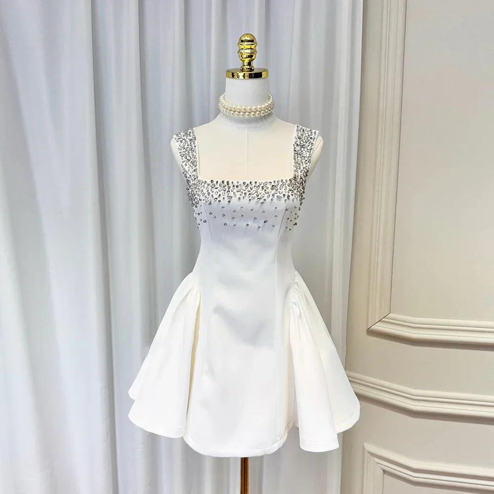 Solid Slimming Fashion Dresses for Women Square Neck Sleeveless Patchwork Diamonds Tunic Dress Female Clothing New WHITE