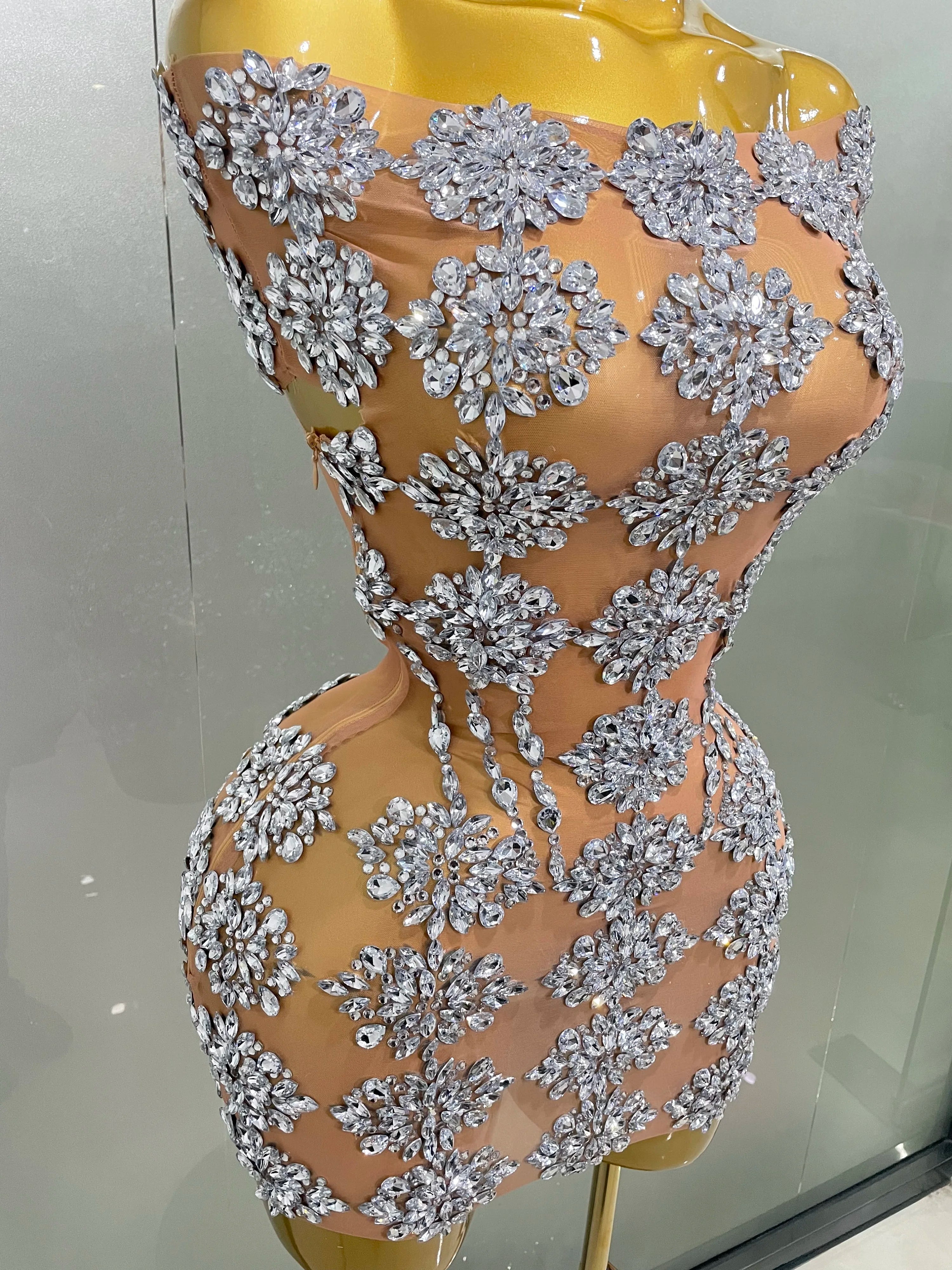 Luxury Sparkly Rhinestone Mesh Mini Dress 2025Women Sexy Nightclub Party Dance Performance Costume Singer Dancer Show Stage Wear