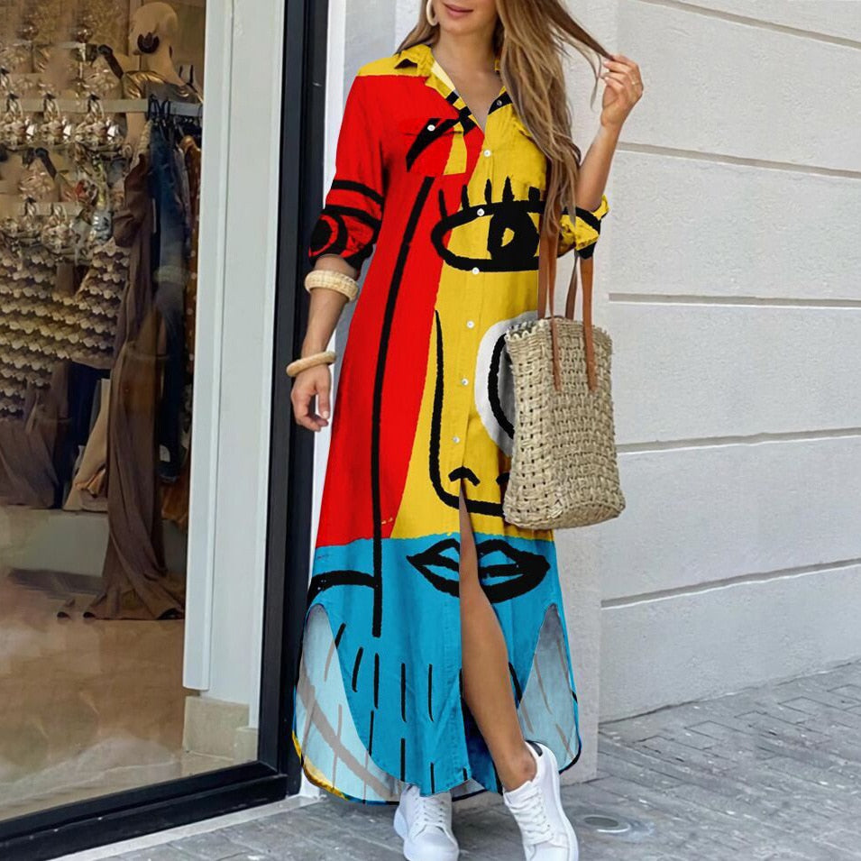 Women's fashion casual dress with loose V-neck print lining