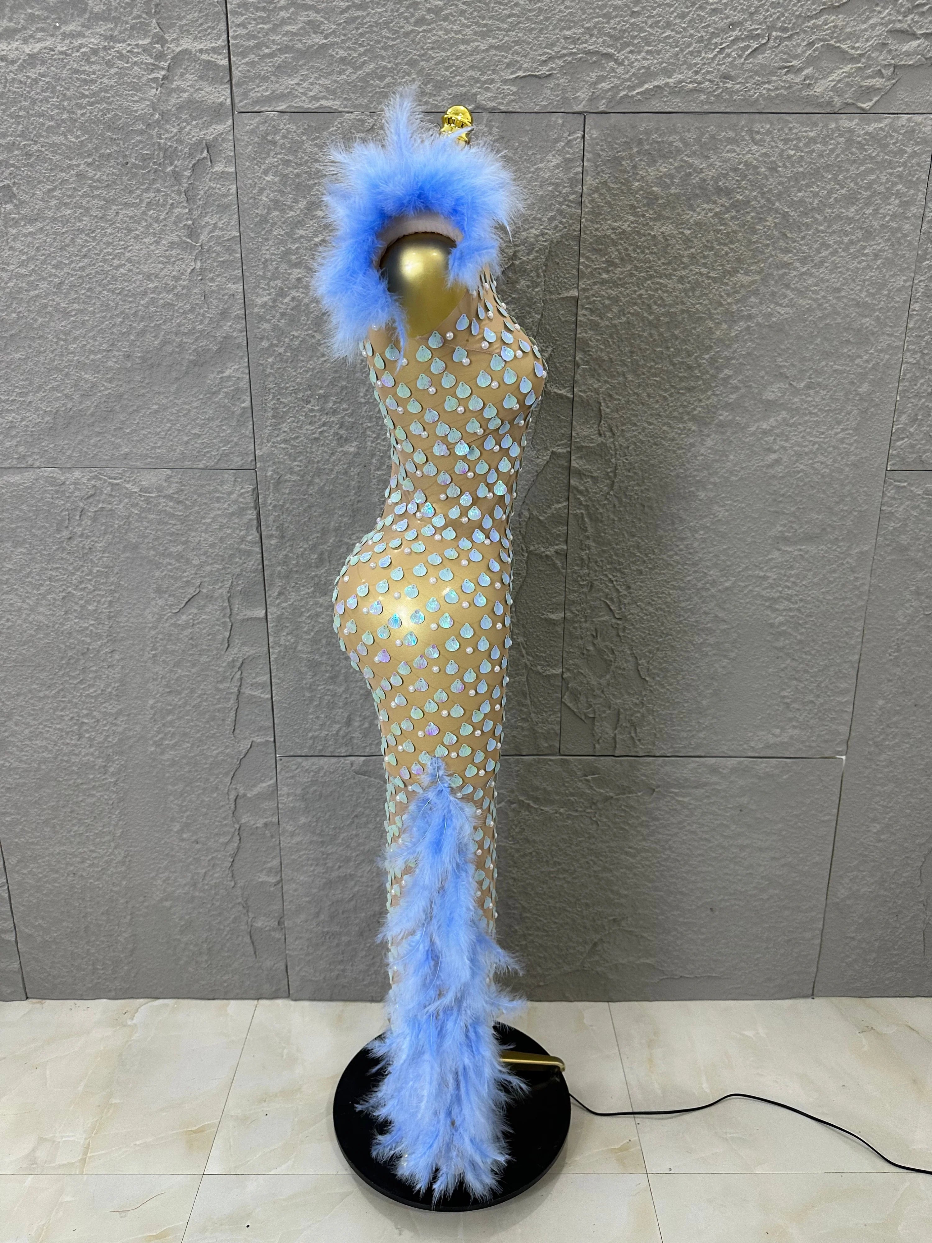Women Blue Feather Trim Teardrop Sequin Embellished Bodycon Stage Performance Gown Nude Sheer Mesh Maxi Dress