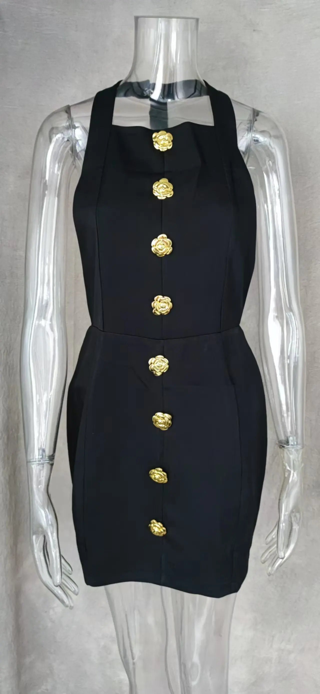 Women Summer Halter Backless Mini Dress Sleeveless Gold Button Solid Color New Fashion Elegant Dresses Lady Chic Party Vestidos Brown