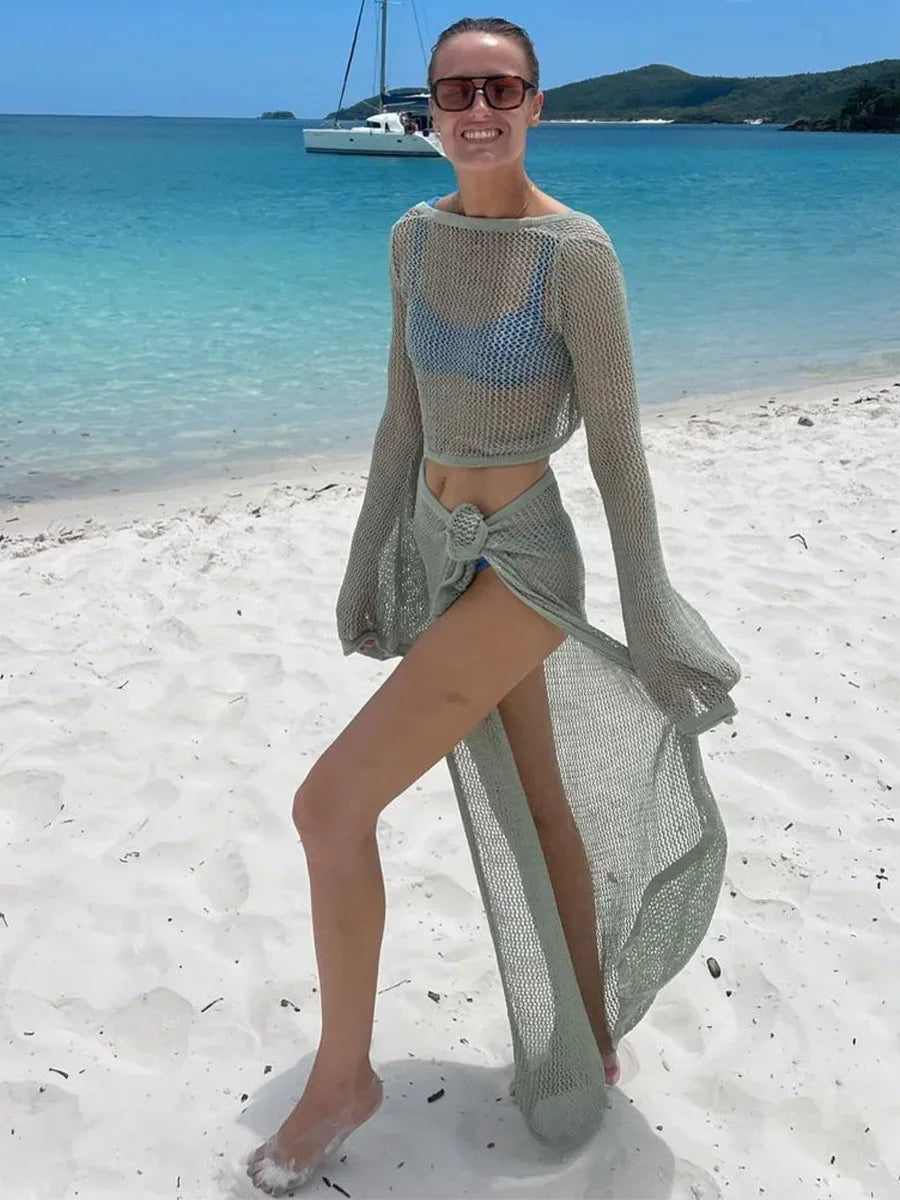 Sexy Knit Cut Out Bell Sleeve Short Top Lace-up Beach Slit Leg Skirt Suit 2023 Summer Women Bikini Cover-ups Beachwear Set Cyan-blue
