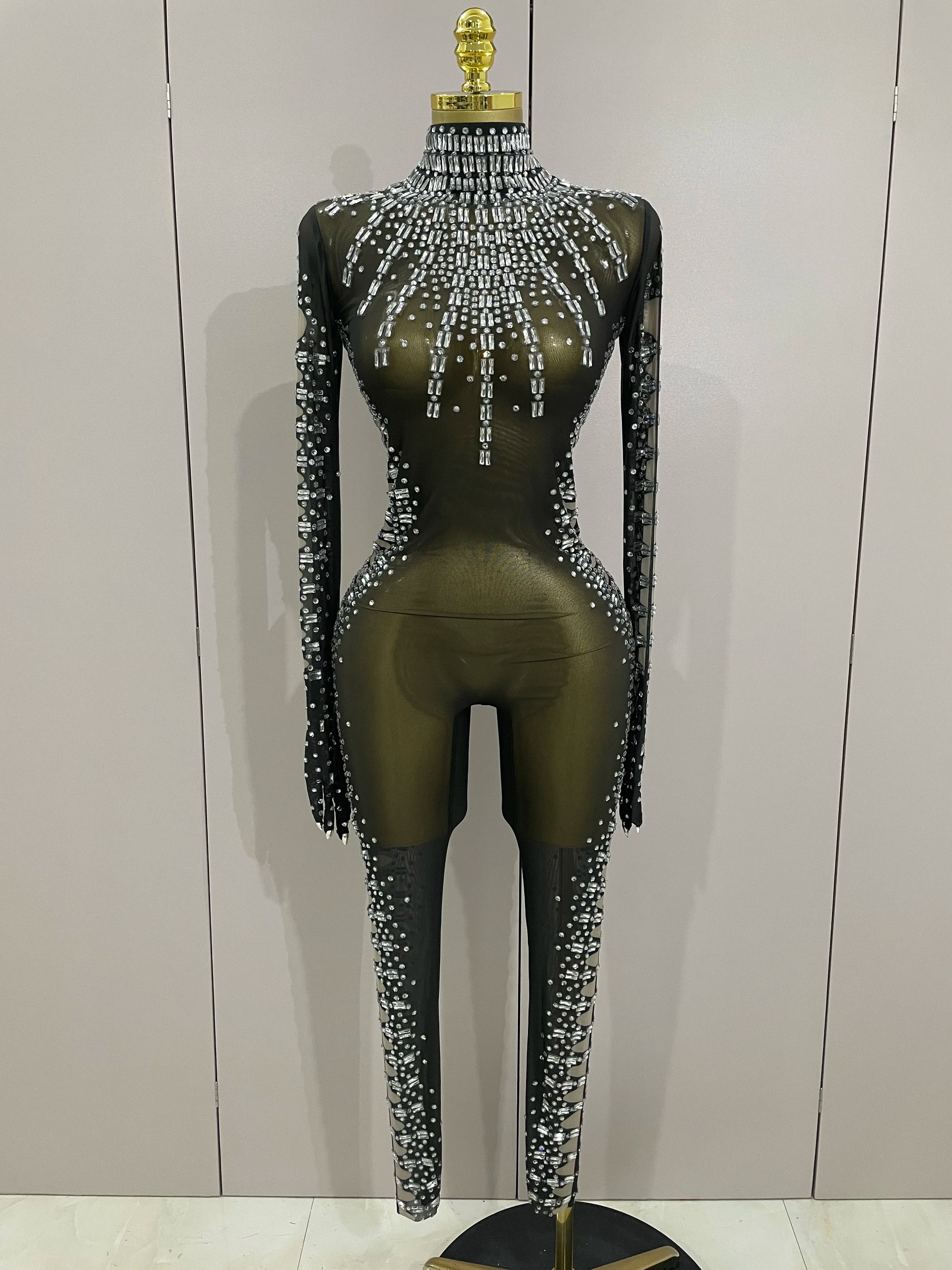 Sexy Sparkly Crystals Black Mesh Jumpsuit With Gloves 2025 Women Celebrate Birthday Party NightClub Singer Dance Stage Costumes black