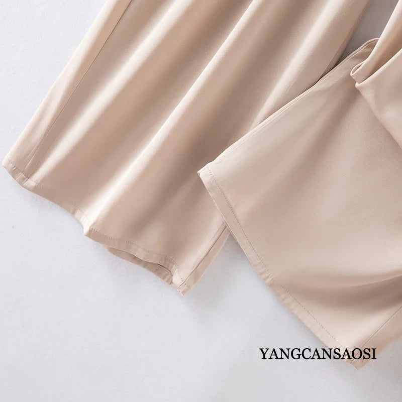 Women's Fashion Spring/Summer New Commuter 96%Natural Mulberry Silk Elastic Double Qiao Beige Wide Leg Casual Pants