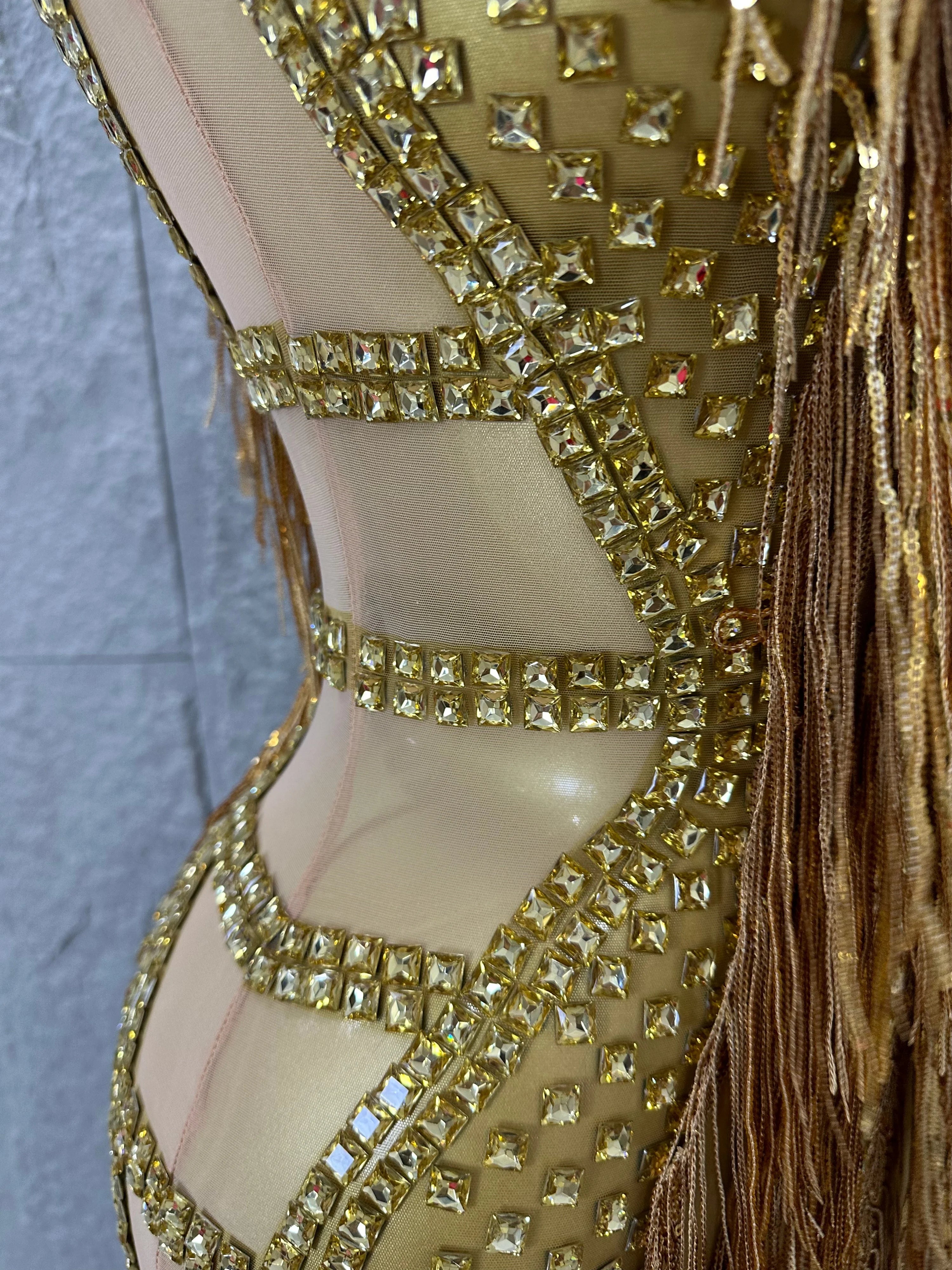 Opulent Gold Halter Neck Mini Dress Women Sexy Crystal Embellished Fringe Trim Form-Fitting Outfit Formal Event Party Costume