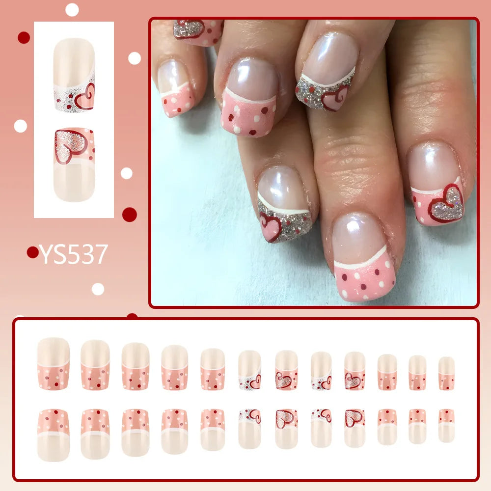 24pcs y2k Black French Press on Nails Short Square Pink Heart Fake Nails Full Cover Wearable Sweet Valentine's Day False Nails 4