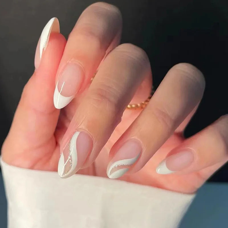 24Pcs Simple Wine Red Fake Nail with Glue Mid-length Almond Press on False Nails Wearable Round Head Oval Full Cover Nail Tips 130