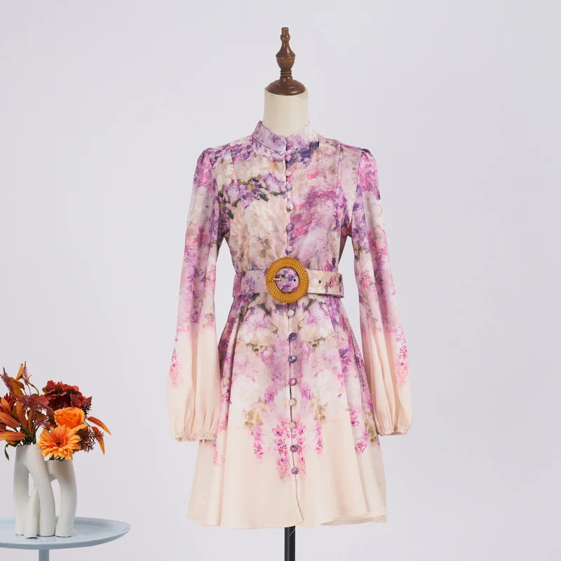 Real Shot Spot Niche Style Sleeve Single-Breasted Positioning Printing Women's Belt Pocket Short Skirt Large Swing Skirt