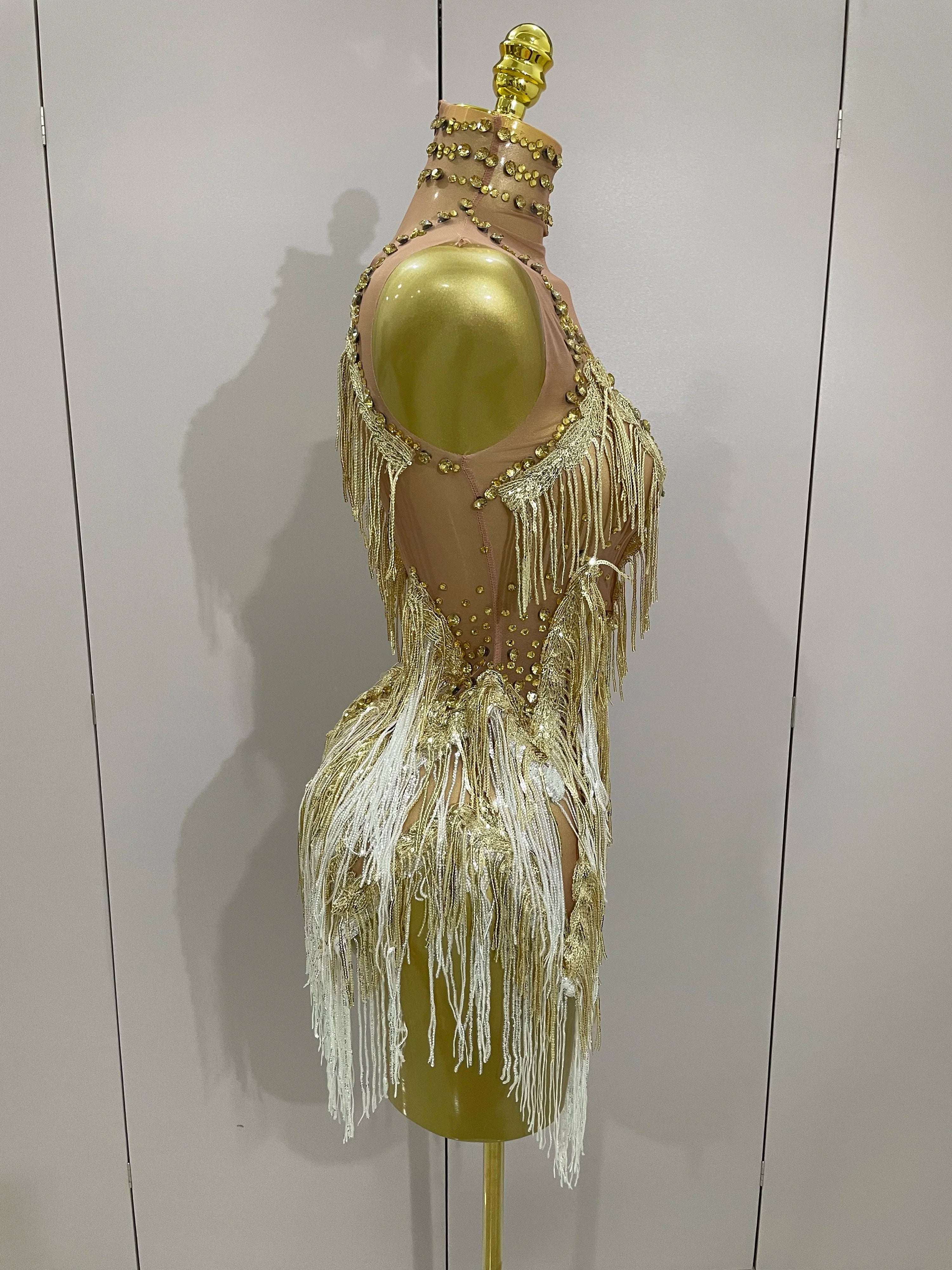 Women Sexy Stretch Mesh Sparkly Rhinestone Tassels Mini Dress Nightclub Singer Dance Stage Costume Evening Gowns