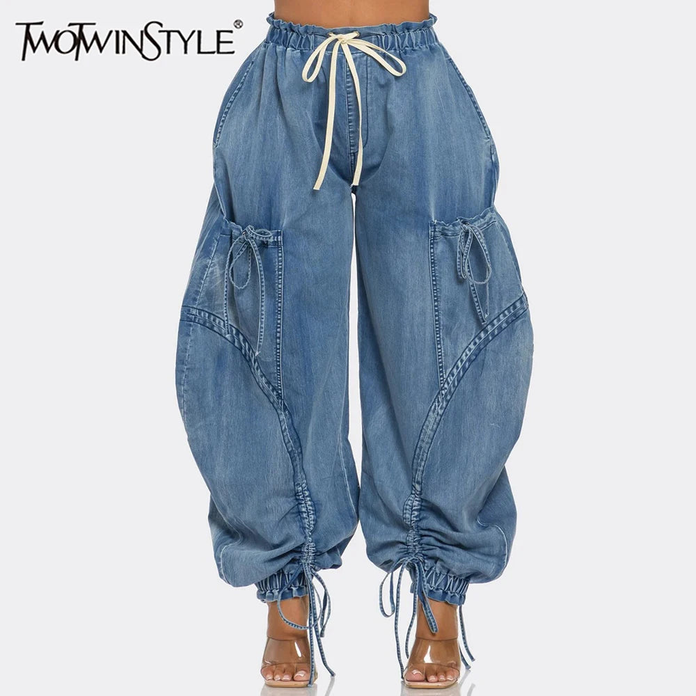 Denim Spliced Lace Up Jeans For Women High Waist Patchwork Drawstring Vintage Loose Pant Female Fashion Clothes New