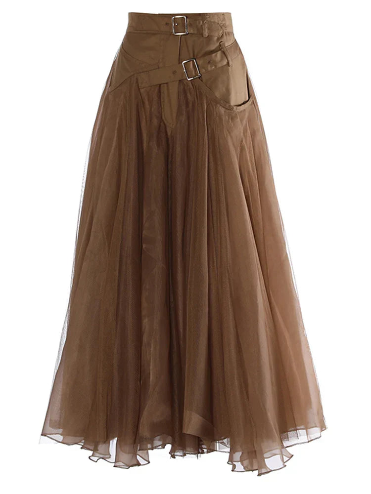 High Waist Khaki Buckle Irregular Mesh Long A-line Half-body Skirt Women Fashion Tide New Spring Autumn 1DH0633 Khaki
