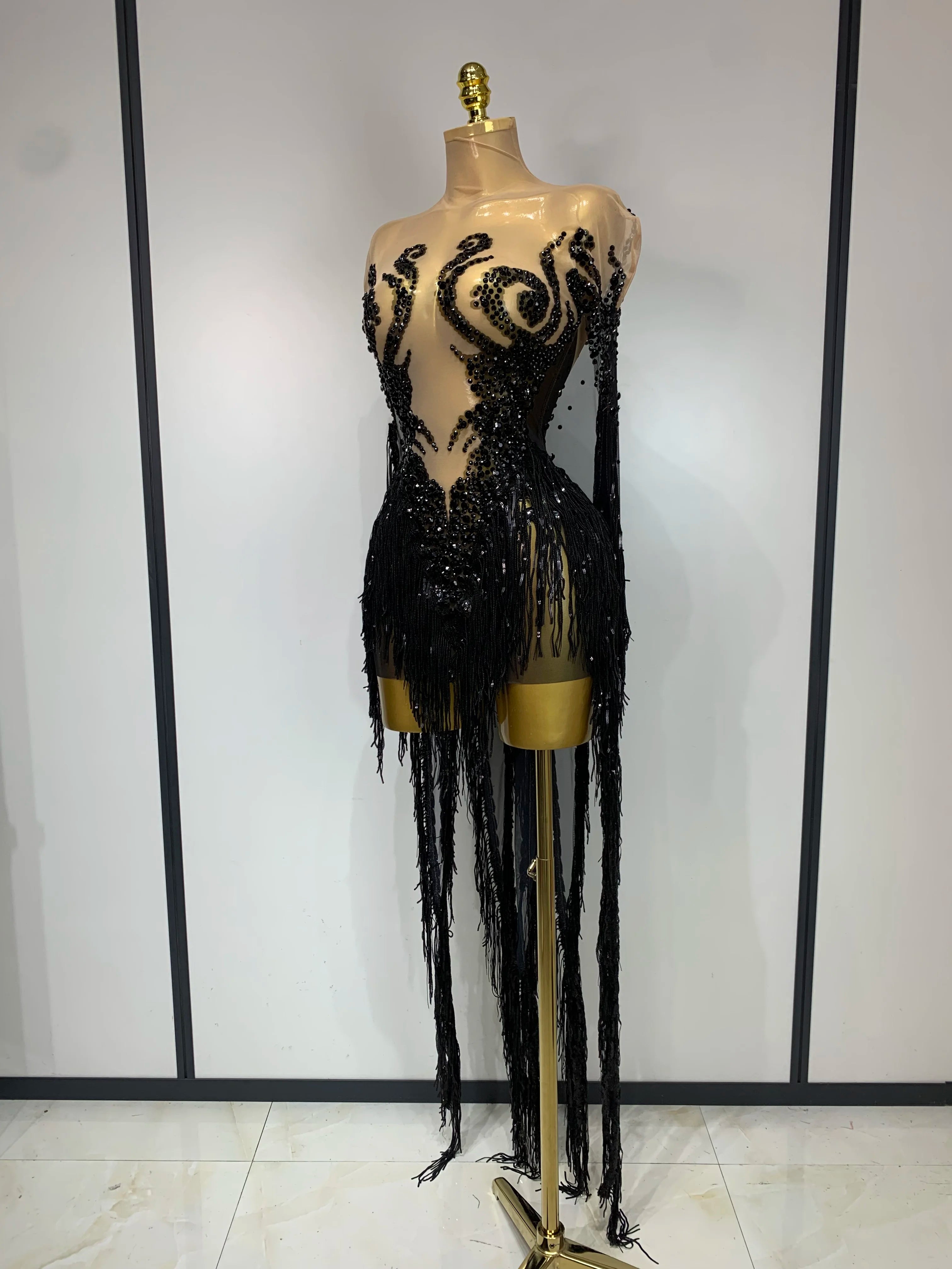 Sexy Sparkly Rhinestone Sequins Tassel Mesh Transparent Dress Women Evening Birthday Party Nightclub Dance Singer Stage Outfit