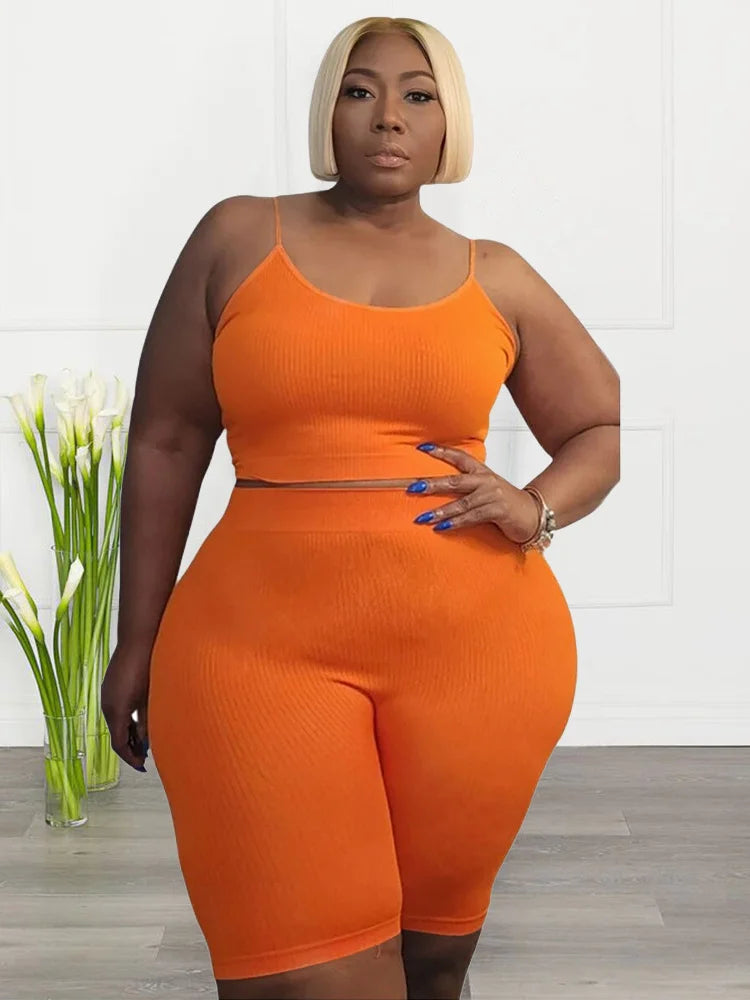 Wmstar Plus Size Shorts Sets Vest Crop Top and Pants Matching Set Casual Cycle Bike Outfits Two Piece Set Wholesale Dropshipping Orange