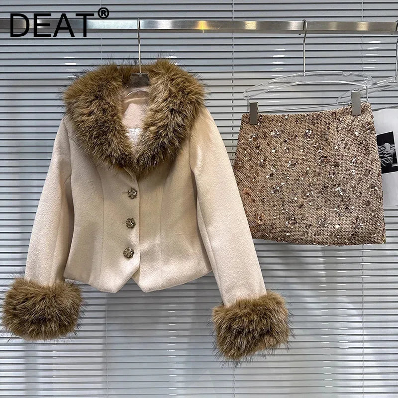 Winter New Fashion Elegant Style Fur Collar Quilted Jacket For Women Tweed A-line Short Skirt Female Trend 11A07592