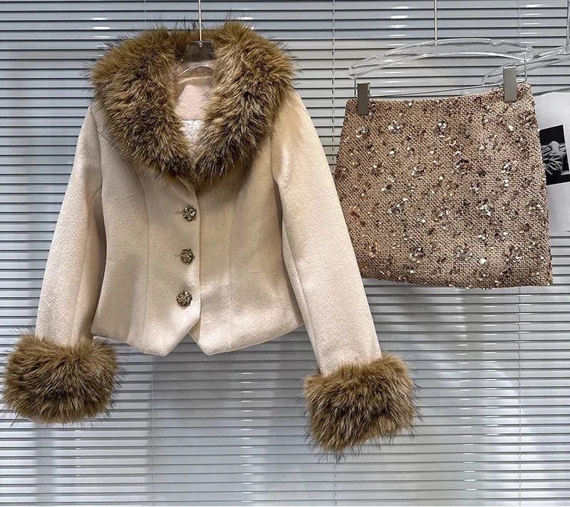 Winter New Fashion Elegant Style Fur Collar Quilted Jacket For Women Tweed A-line Short Skirt Female Trend 11A07592