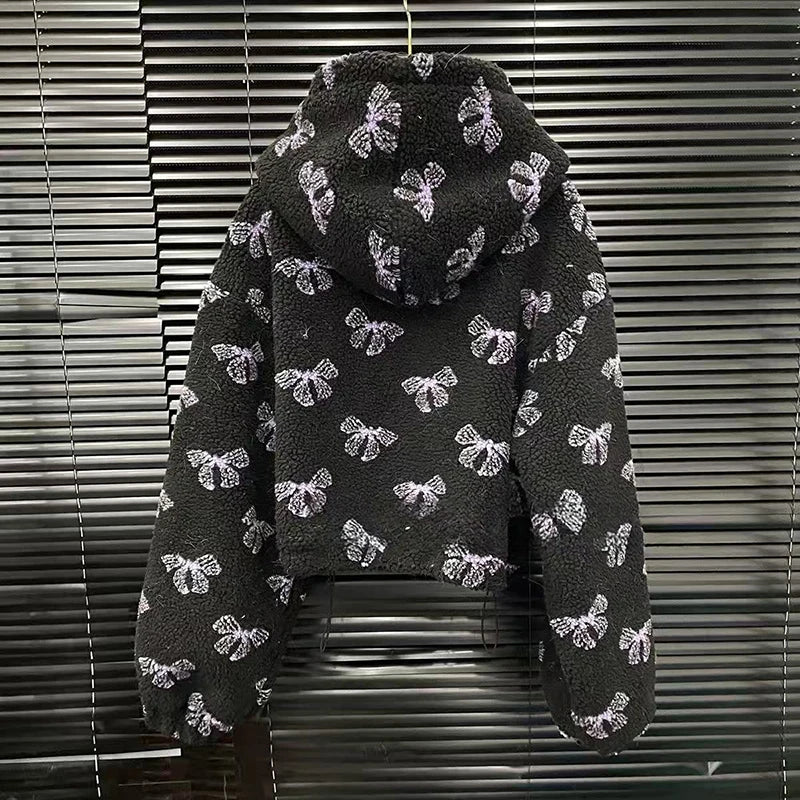 Autumn Winter New Fashion Women's Set Bowknot Printed Design Hooded Loose Zipper Coat Elastic Waist Shorts 11A07780