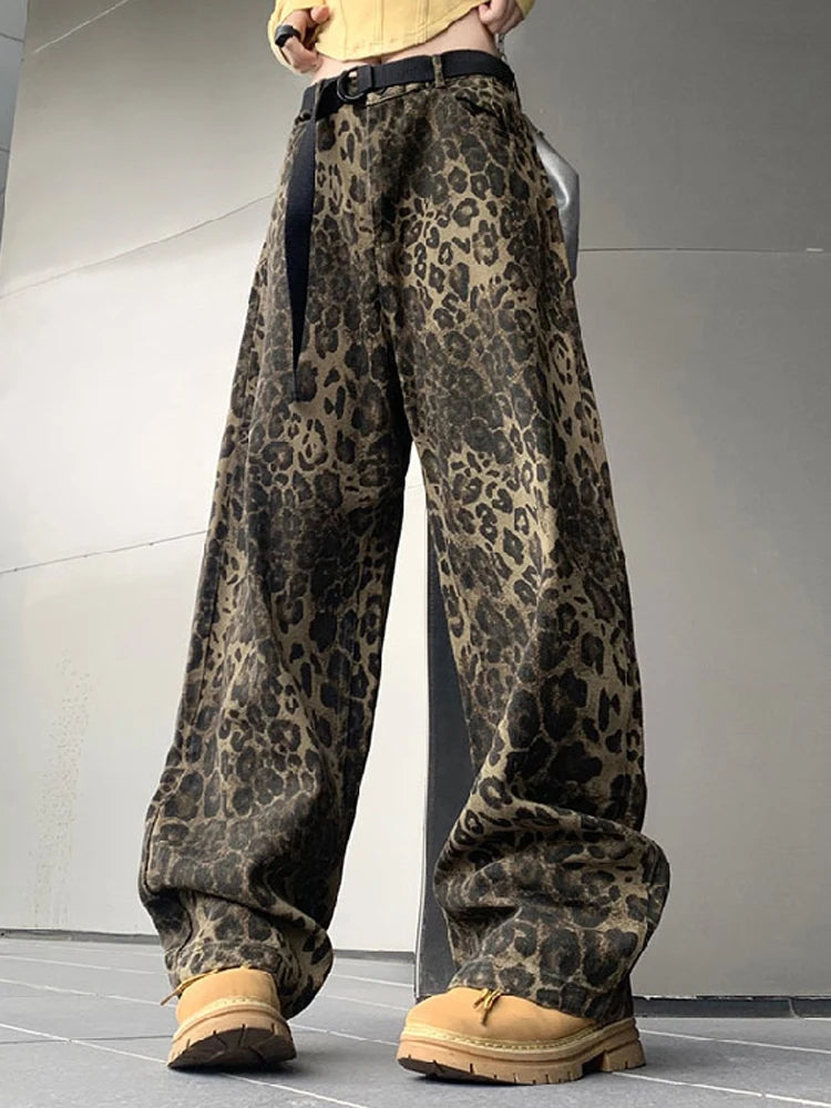 Woman Vintage Leopard Jeans Spring Autumn Simple Casual Oversize Wide Leg Trousers Streetwear Hip Hop Female Loose Pants
