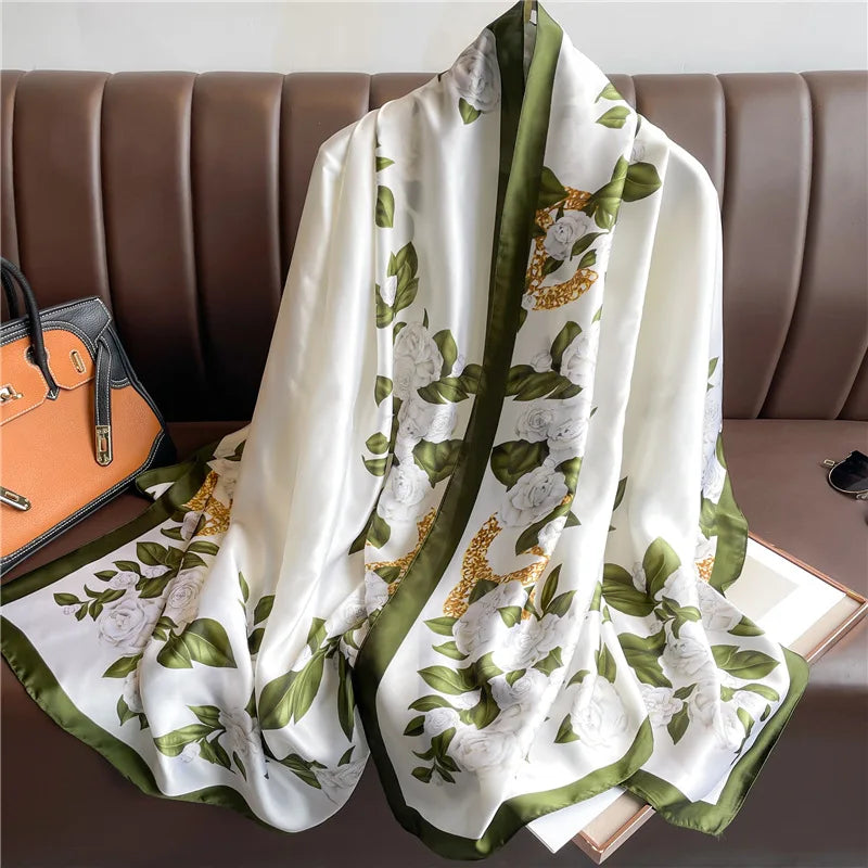 180*90cm Luxury Silk Scarf Women Printing Long Sun Protection Shawl Large Size Bandanna Foulard Muffler Hijab Scarves Soft Wraps XL131-3 180X90cm