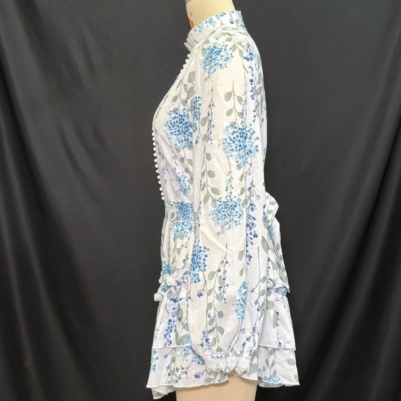 Hit Color Spliced Printing Elegant Dresses for Women High Waist Long Sleeves Patchwork Ruffles Folds Dress Female