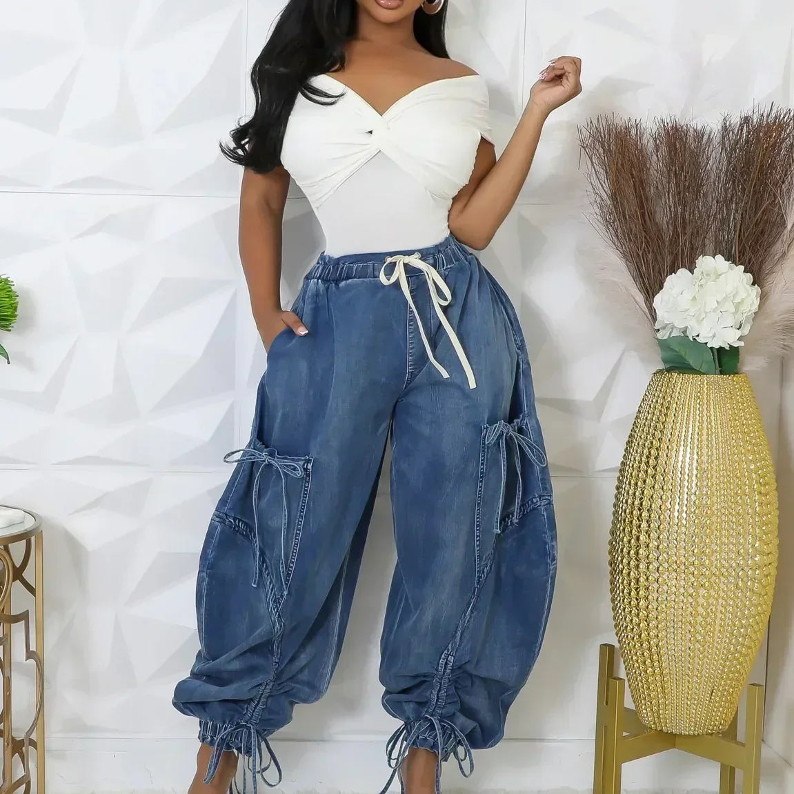 Women Streetwear Drawstring Fashion Fly Denim Pants 2024 Autumn Loose Safari Style Cargo Harem Hip Hop Jeans Blue