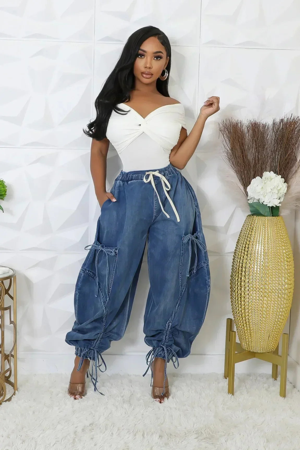 Women Streetwear Drawstring Fashion Fly Denim Pants 2024 Autumn Loose Safari Style Cargo Harem Hip Hop Jeans Blue