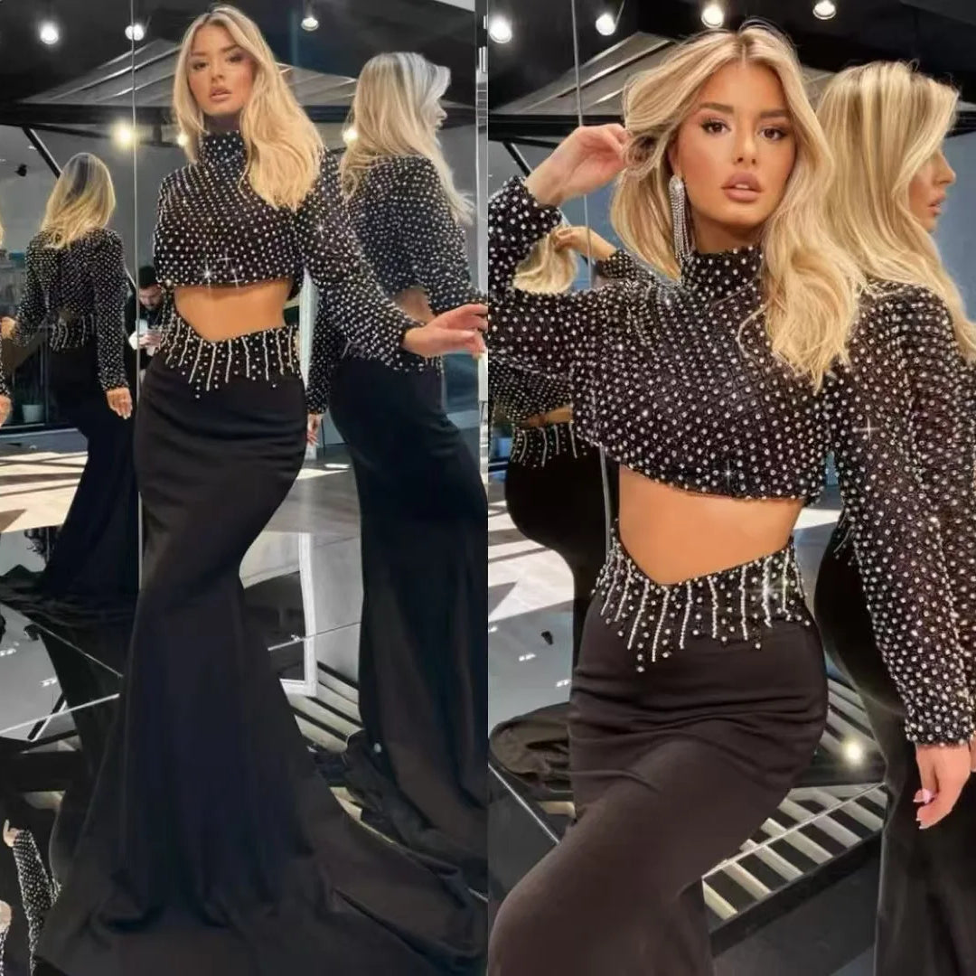 Women Long Sleeve Sexy Beading Tops 2 Pieces Bodycon Bandage Skirt Set Elegant Evening Party Celebrate Outfit