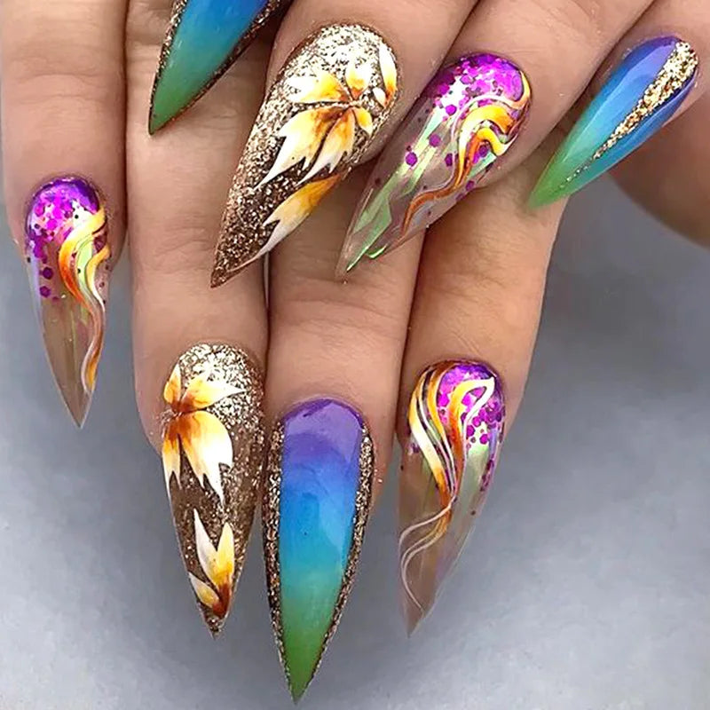 24pcs/set short medium long fake nails for Spring summer season gradient peach flowers butterfly heart press on false nail art 1047
