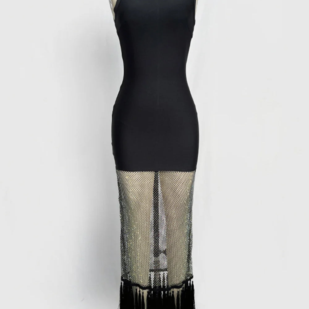 Black tassels Evening Party bandage Long Dresses Elegant Sleeveless Diamond Mesh Patchwork Maxi Dress Women 2025 Summer Vestidos