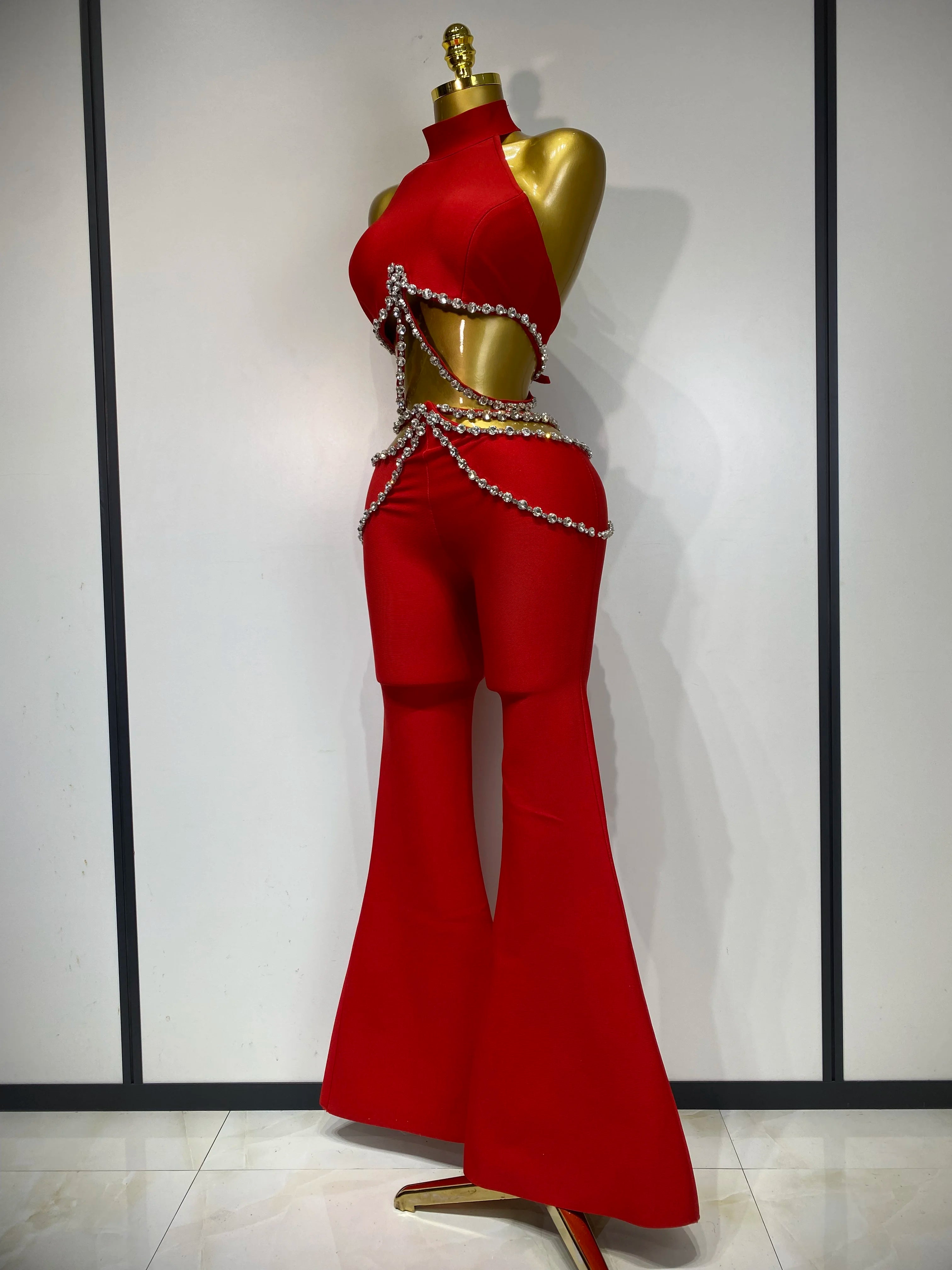 Women Luxury Rhinestone Red Sexy Cut Out Two Piece Pants Bandage Set 2025 Celebrity Designer Fashion Women's Set Stage Outfit