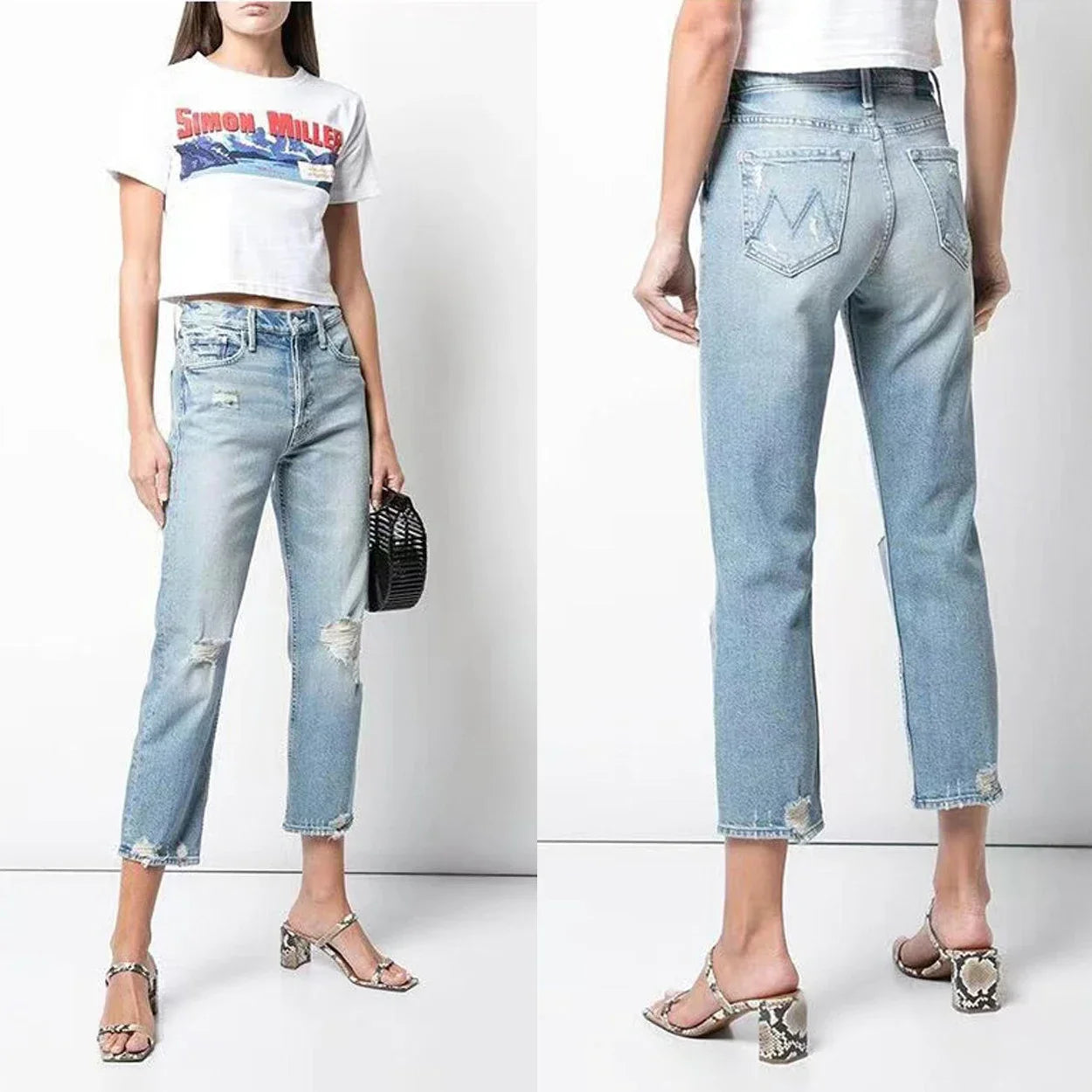Spring Summer New Women High Waist Distressed Retro Jeans Casual Fashion Ankle-length Denim Pants Jeans