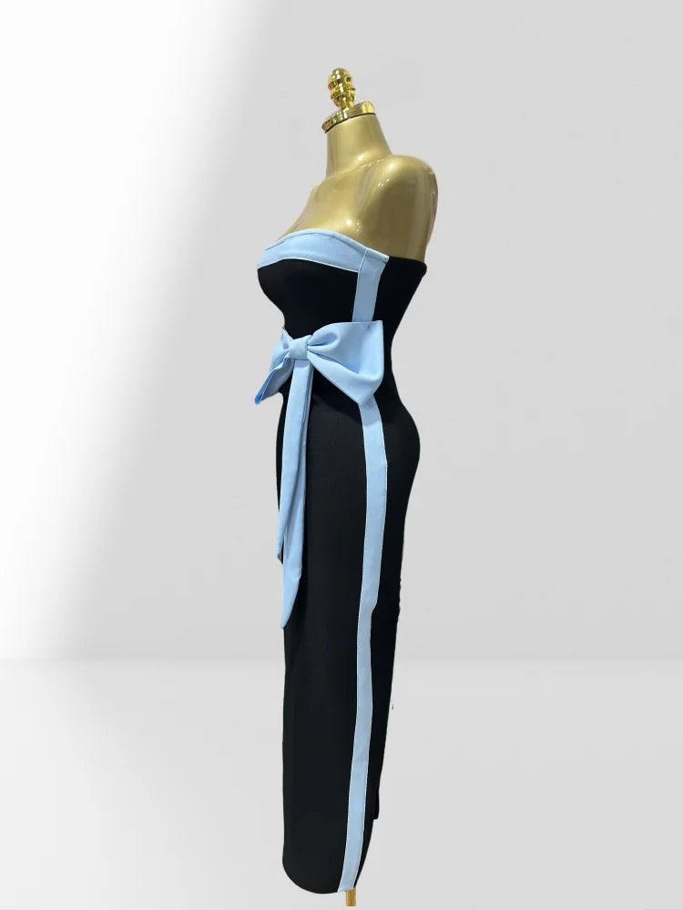 2025 Graceful Bow Sleeveless Strapless Sheath Black Bandage Ankle Lengh Dress Woman Party Vestido Celebrity Cocktail Outfit