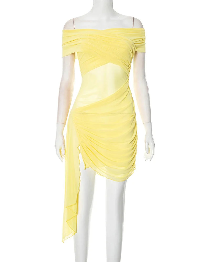 Off-shoulder Strapless Sexy Mini Dress For Women Fashion Irregular Mesh Beach Holiday Draped Ruched Bodycon Dress