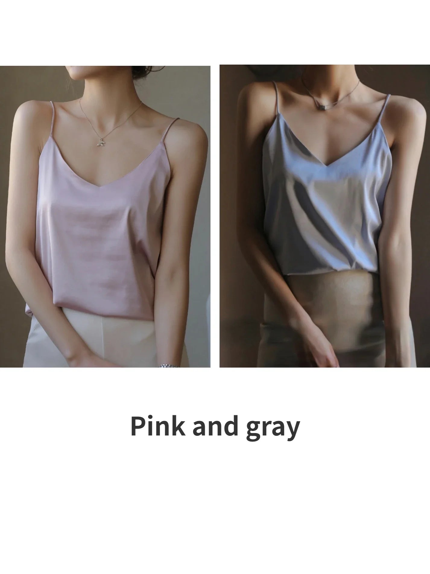 Grey Camisoles for Women Acetate SATIN Loose Summer Spaghetti Strap Tank Top Solid V-neck Fashion Sexy Backless Tanks & Camis Pink and gray