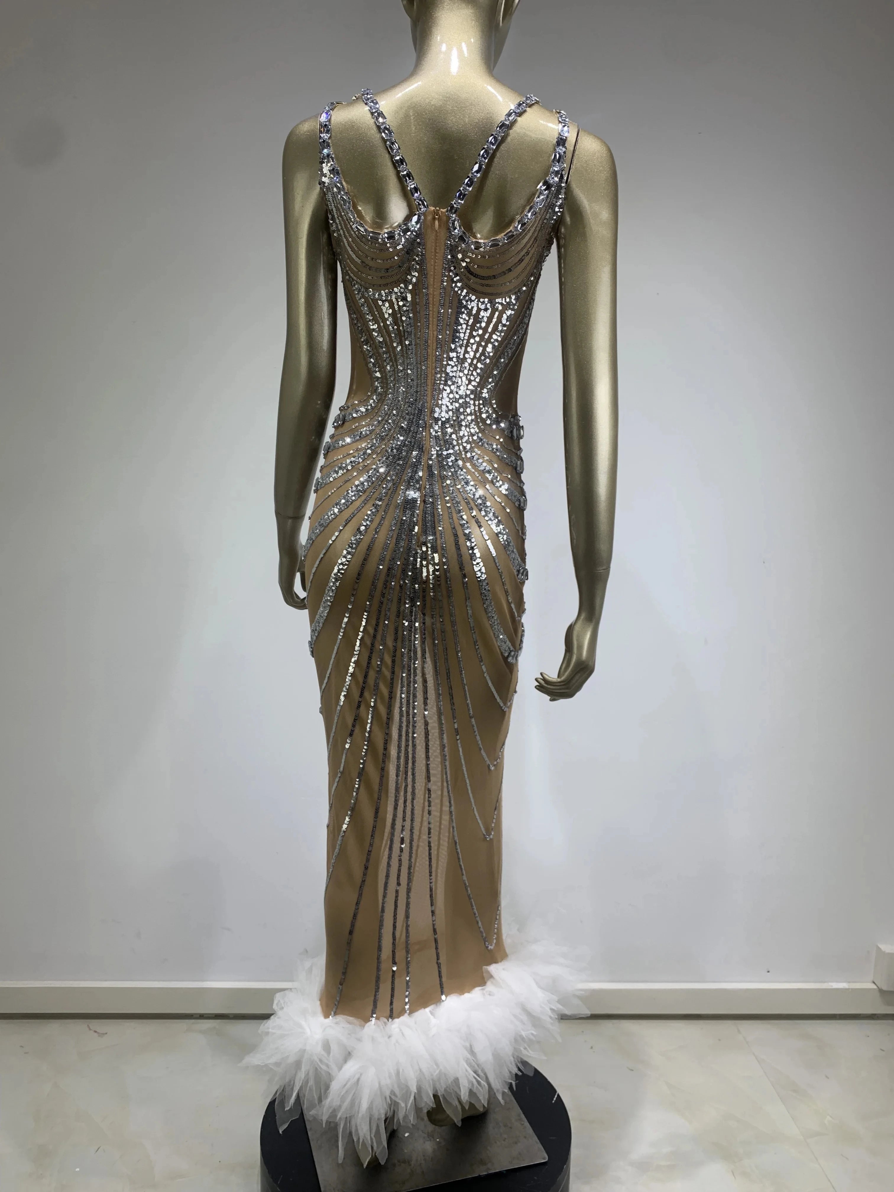 Stock Women Luxury Sexy Mesh Sequins Crystal Diamonds Feather Dress Birthday Party Costume Bar Nightclub Stage Performance Dress