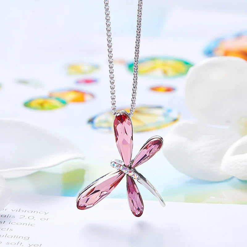 Cute Pink Blue Dragonfly Pendant Necklace for Women Girls Real Austrian Crystals Animal Necklaces Fashion Jewelry Free Shipping