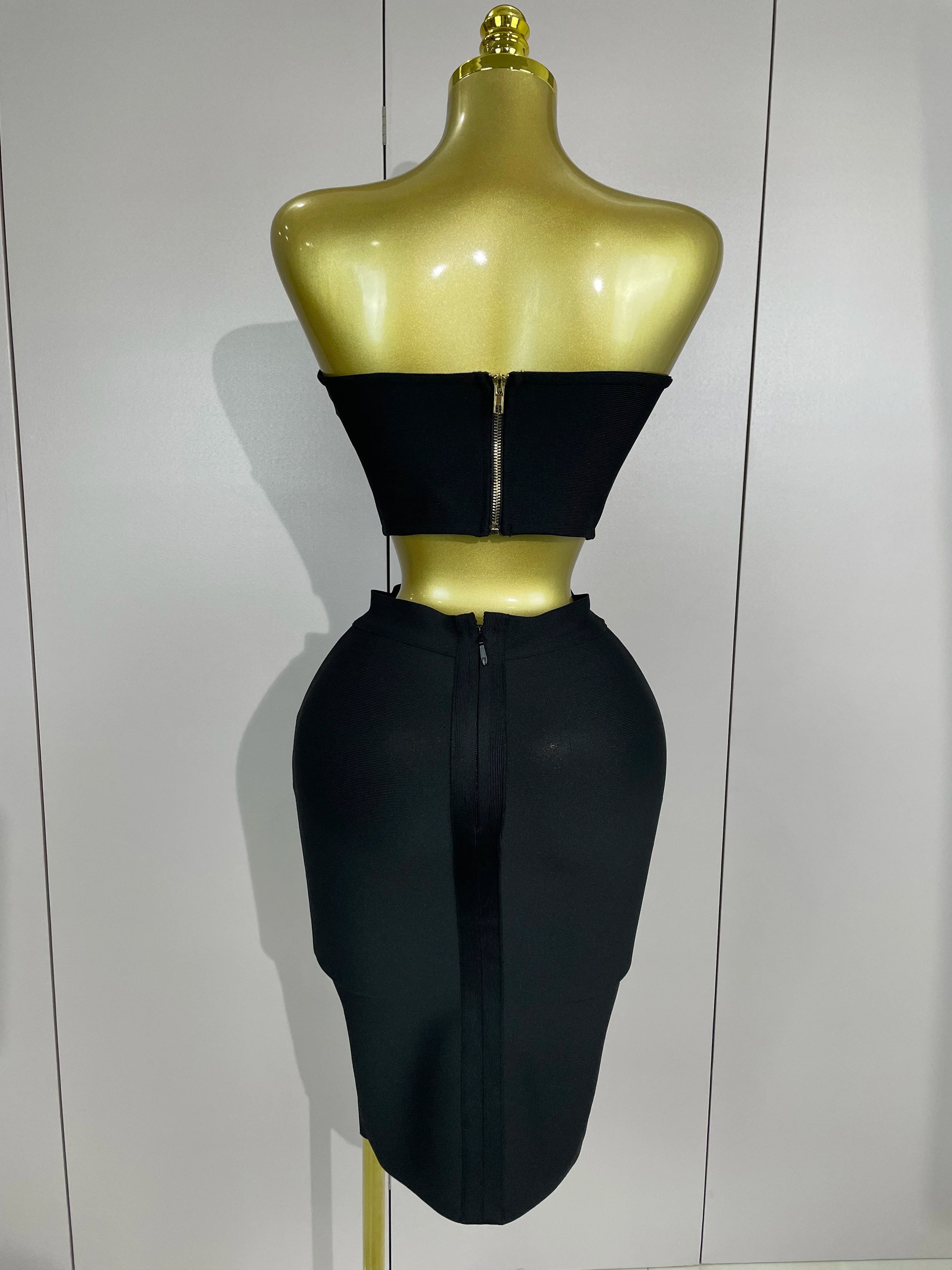 2025 Women Sexy Strapless Backless Black Bandage Two Piece Suit Celebrity Designer Fashion Birthday Gown Evening Prom Costume
