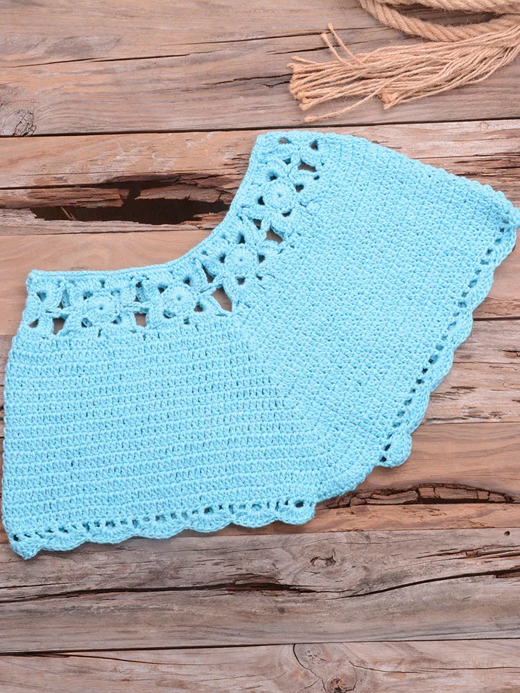 Bikini 2022 knitting Swimsuit Crochet Bikini Bohemia Style Off Shoulder High Neck Bathing Beach Bikinis Handmade Crochet Bikini Sky Blue Bottom