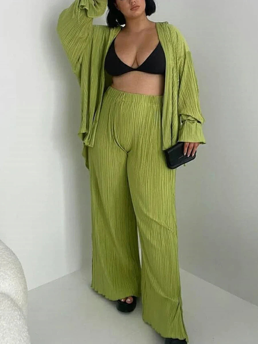 wsevypo Women Two-piece Pleated Pants Suits Casual Chic Solid Color Long Sleeve Button down Shirts and Straight Leg Trousers Set green