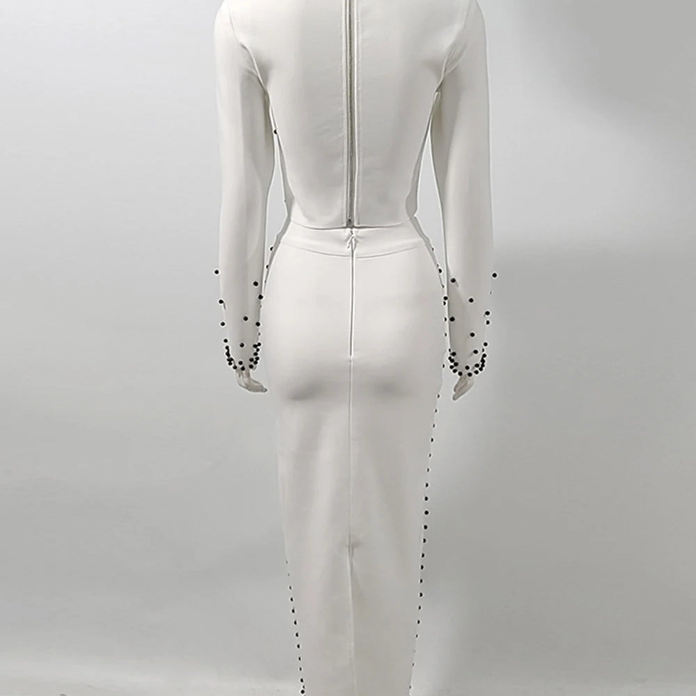 Women'S Black And White Beaded Short Top+Long Skirt Bandage Two-Piece Set Elegant Evening Party Female Outfit 2025 New