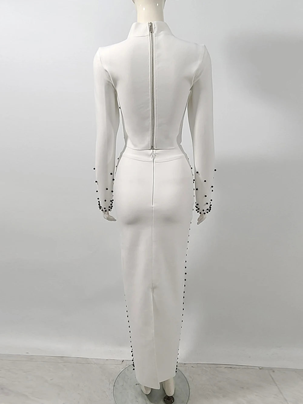 Women'S Black And White Beaded Short Top+Long Skirt Bandage Two-Piece Set Elegant Evening Party Female Outfit 2025 New