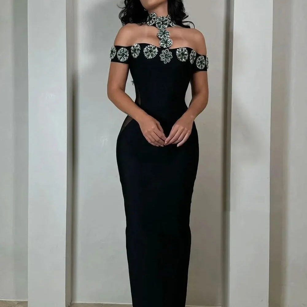 2025 Sexy Women Light Luxury Nail Bead Bandage Dress Hanging Neck Shoulder Short Sleeve Bodycon Long Dress Evening Party Vestido