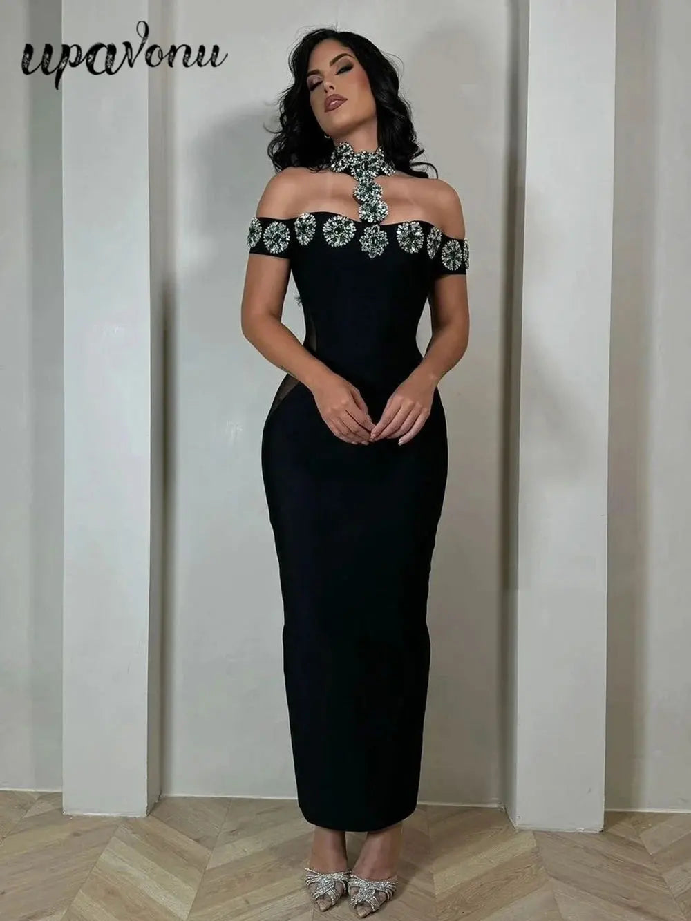 2025 Sexy Women Light Luxury Nail Bead Bandage Dress Hanging Neck Shoulder Short Sleeve Bodycon Long Dress Evening Party Vestido