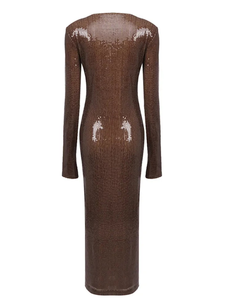 est Women Celebrity Sexy Long Sleeve Brown Mesh Sequins Long Gowns Dress Elegant Evening Party Club Dress Vestido