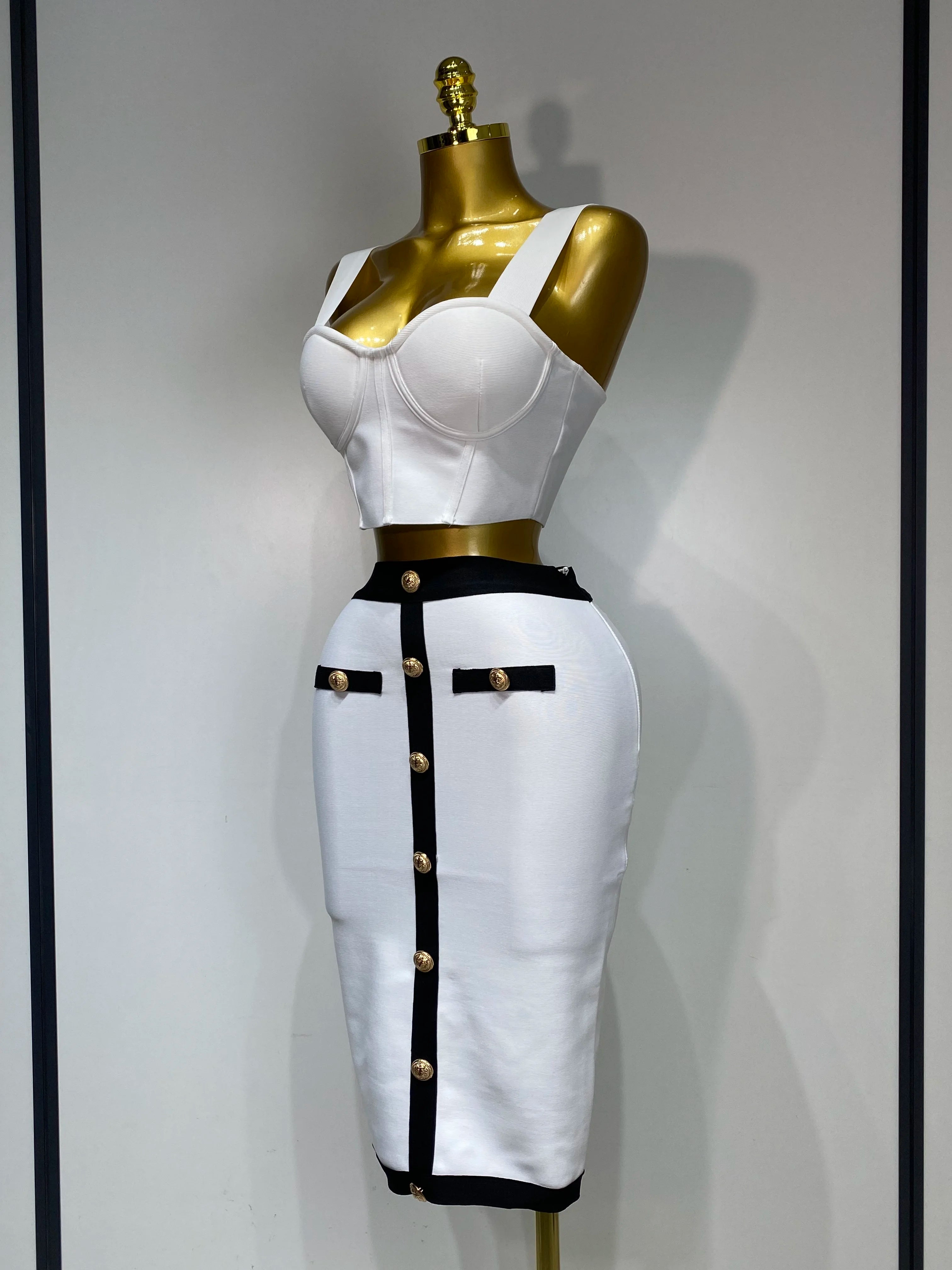 Women Button Patchwork White Black Bodycon Bandage Two Piece Set 2025 Designer High Waist Party Club Skirt Set