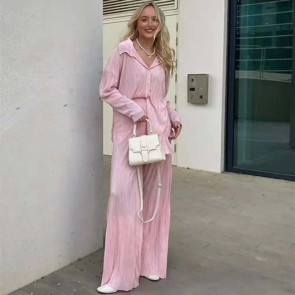 Pleated Solid Women Set Long Sleeve Shirts and Straight Wide Leg Pants Suits Tracksuit Two Piece Set Fitness Outfits Pink