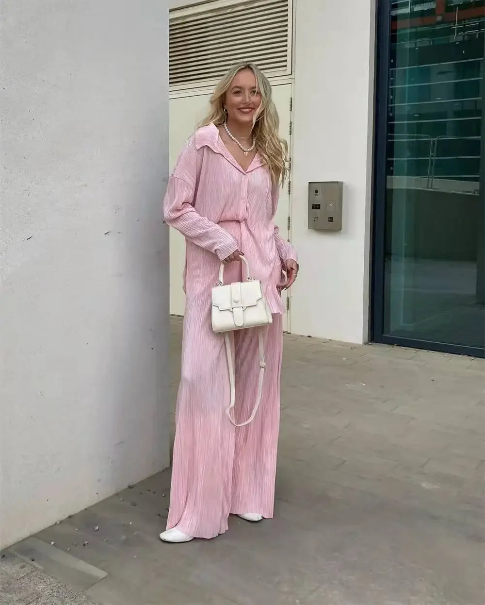 Pleated Solid Women Set Long Sleeve Shirts and Straight Wide Leg Pants Suits Tracksuit Two Piece Set Fitness Outfits Pink