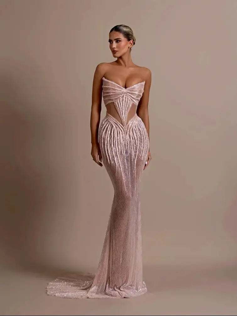 2025 New Shining Sequin Sexy Mesh See Through Strapless Ankle Length Dress Woman Evening Party Dress Celebrity Party Vestido As picture