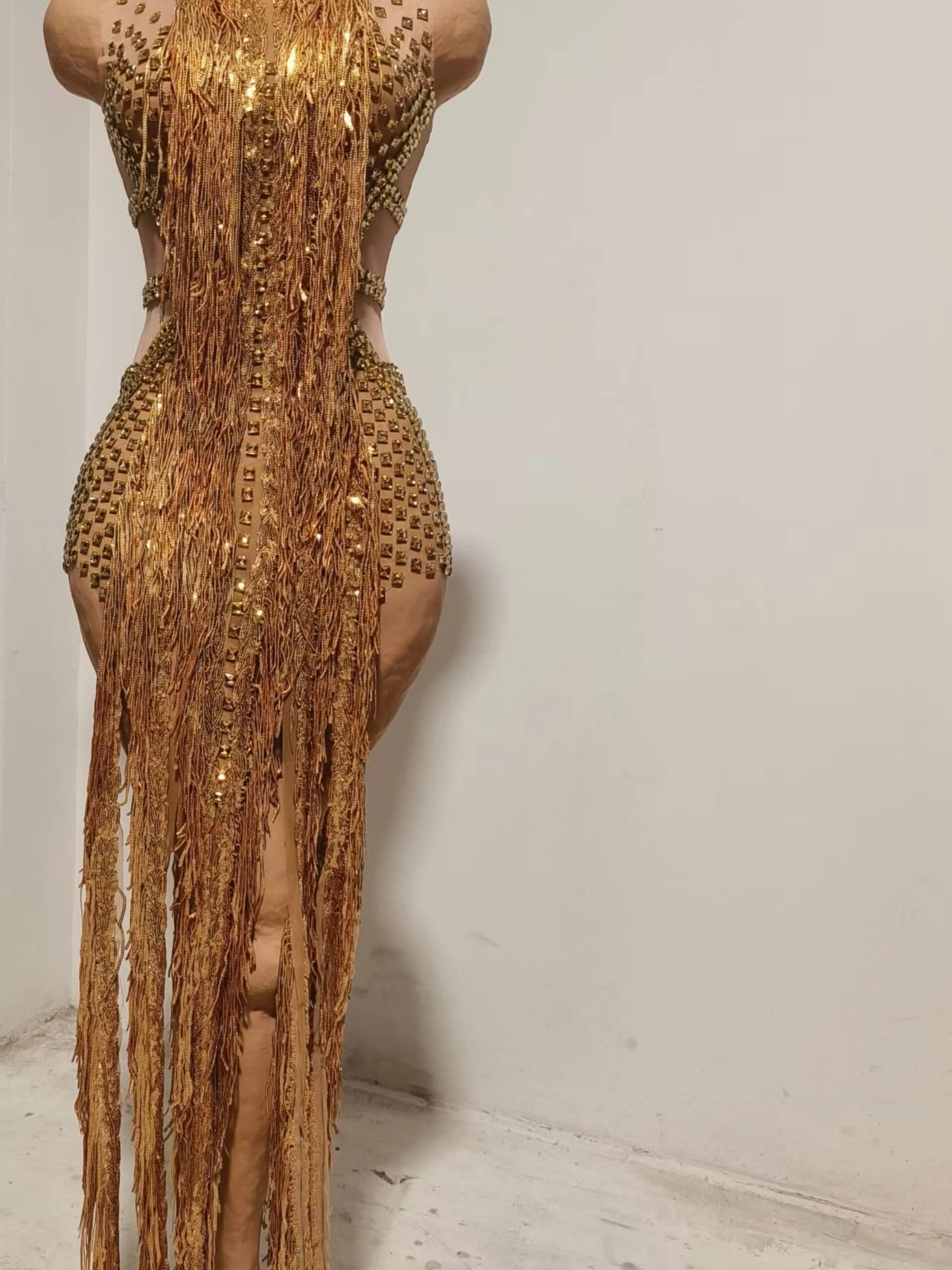 Opulent Gold Halter Neck Mini Dress Women Sexy Crystal Embellished Fringe Trim Form-Fitting Outfit Formal Event Party Costume